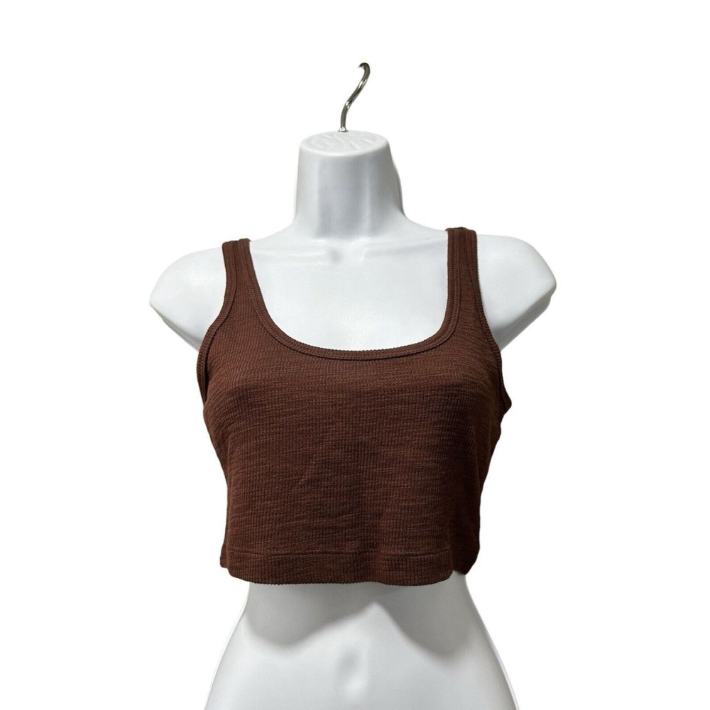 BP Henley Crop Tank Top S Brown Rib Knit Cotton Blend Snap Stretch